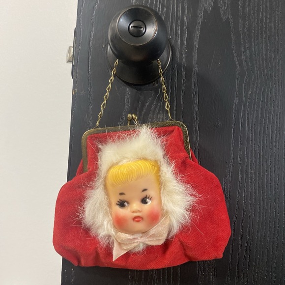 Very Rare Vintage Red Velvet Purse With Rubber Face Girl Doll Head Christmas
